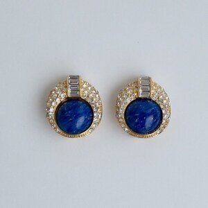 Vintage Christian Dior Earrings Faux Blue Lapis Lazuli Pave Rhinestone Gold Tone